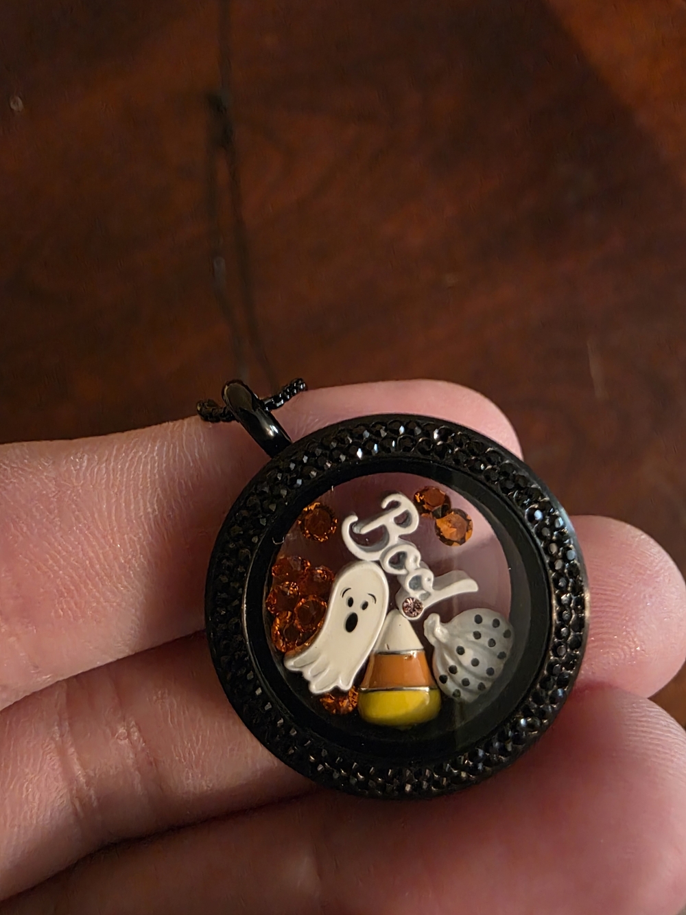 Origami Owl Black Halloween 'Boo' Ghost Candy Corn Floating Locket Necklace